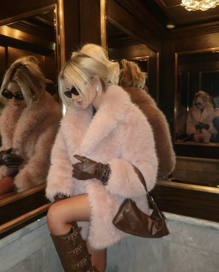 Pink Faux Fur Coat with Knee-High Boots for Evening Chic — Faux Fur Coat Outfits