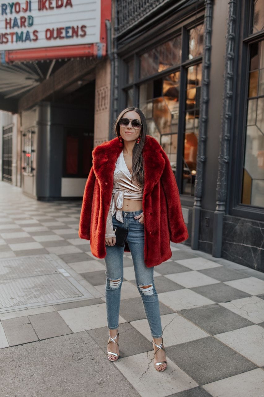 Vibrant Red Faux Fur Coat with Velvet Crop Top — Faux Fur Coat Outfits