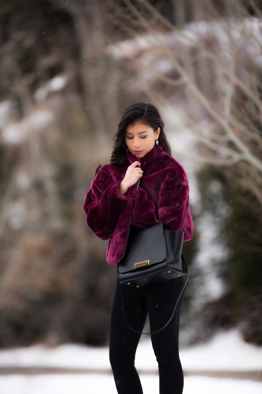 Cropped Burgundy Faux Fur Jacket for Winter Casual — Faux Fur Coat Outfits