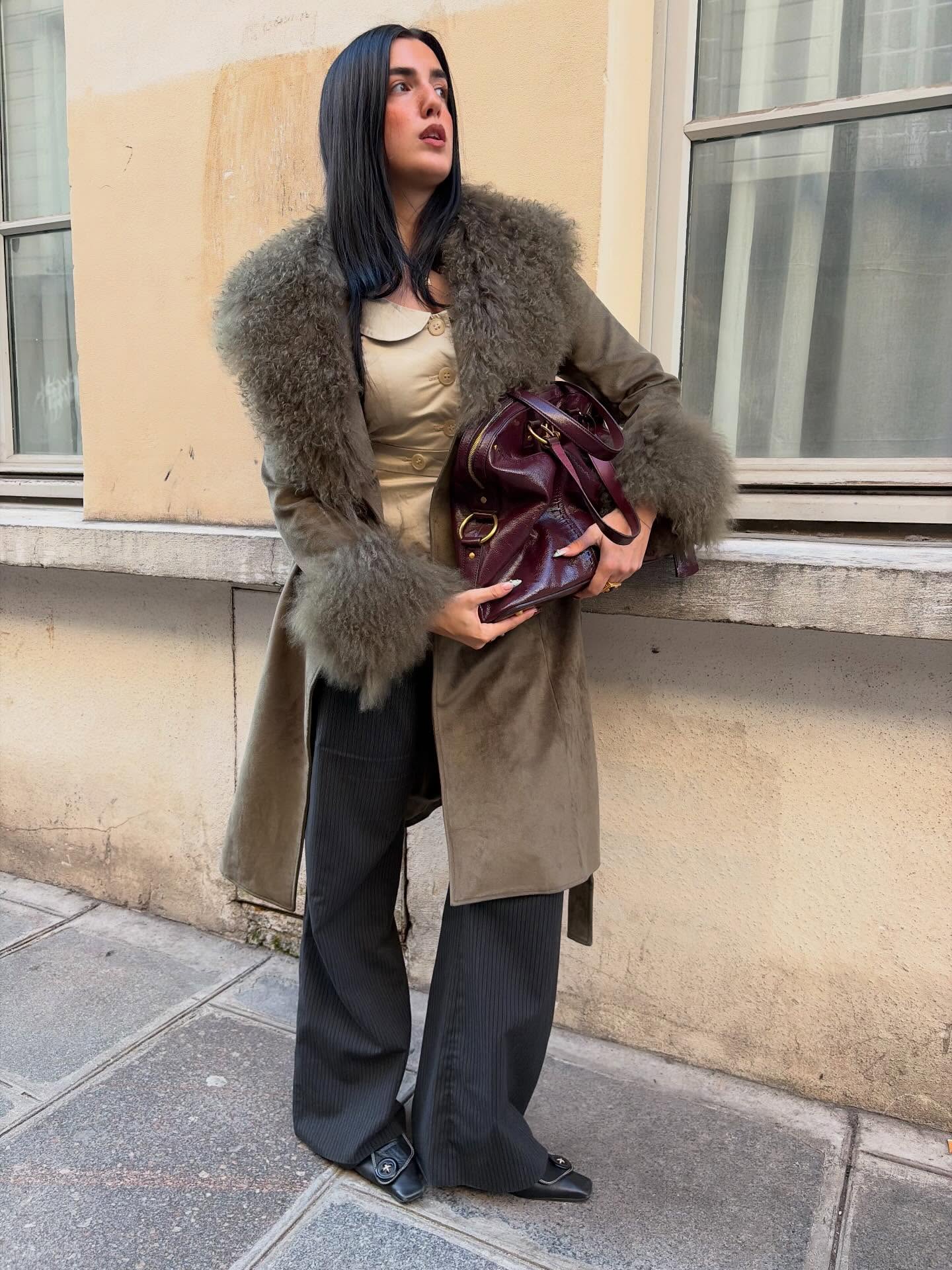 Olive Green Faux Fur Trimmed Coat for Chic Evenings — Faux Fur Coat Outfits