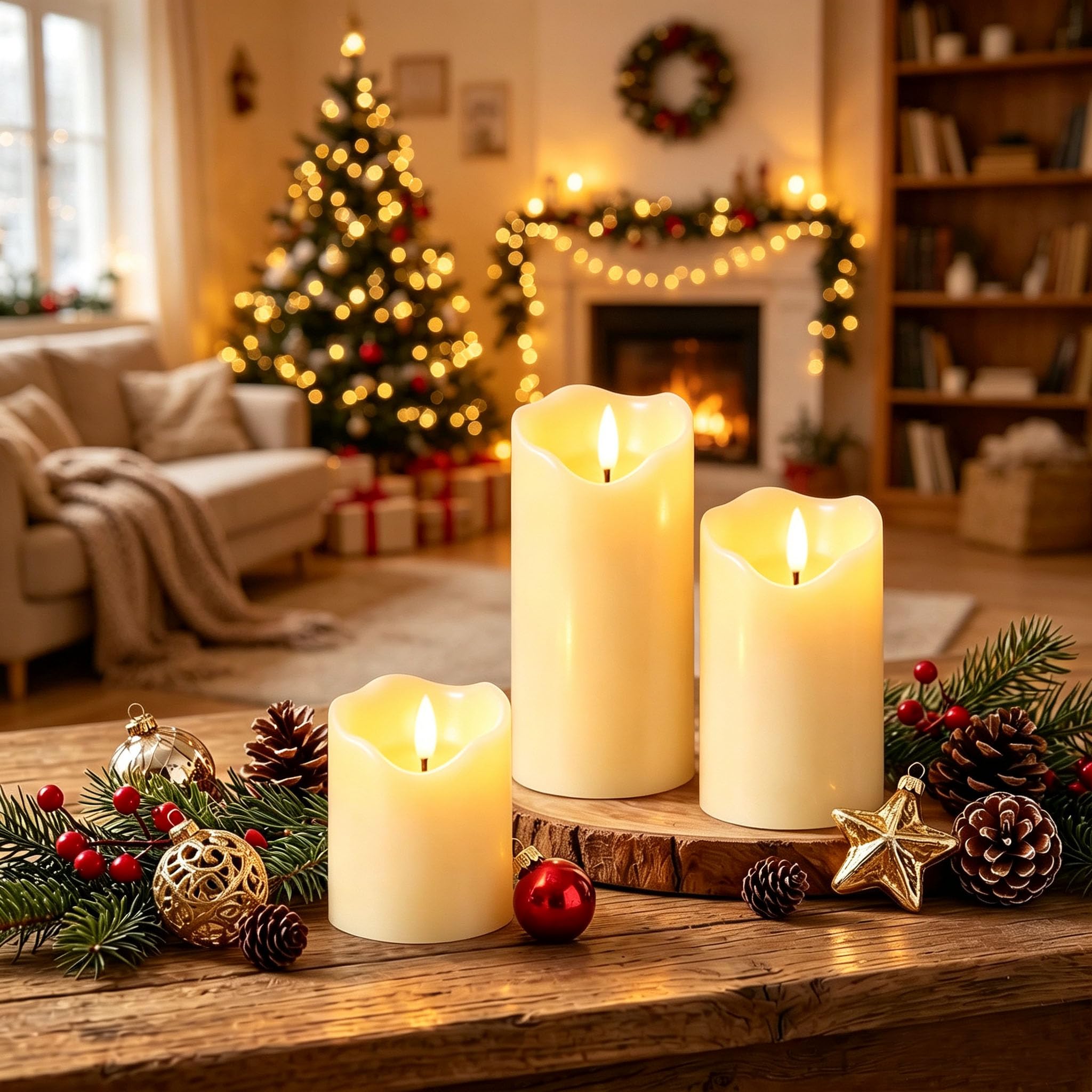 Cozy Living Room Flameless Candles with Pinecones and Greenery Cozy Living Room Flameless Candles with Pinecones and Greenery — Christmas Candle Decor