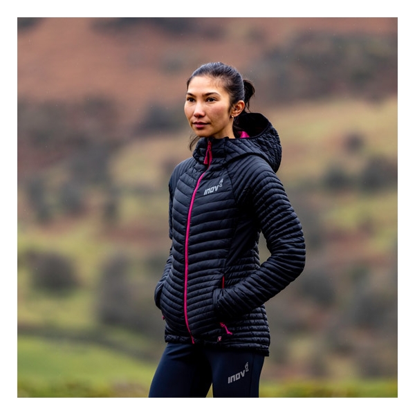 Fitted Black Puffer Jacket with Pink Zipper Detail — Winter Hiking Outfits