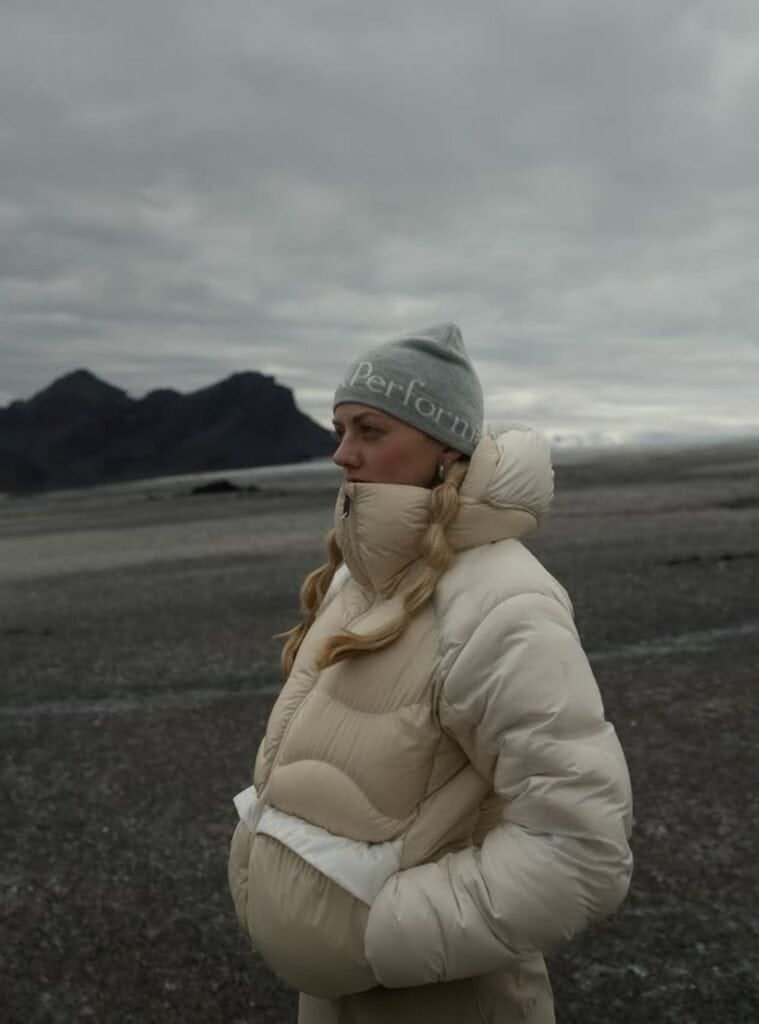 Oversized Cream Puffer Jacket with Grey Knit Beanie — Winter Hiking Outfits