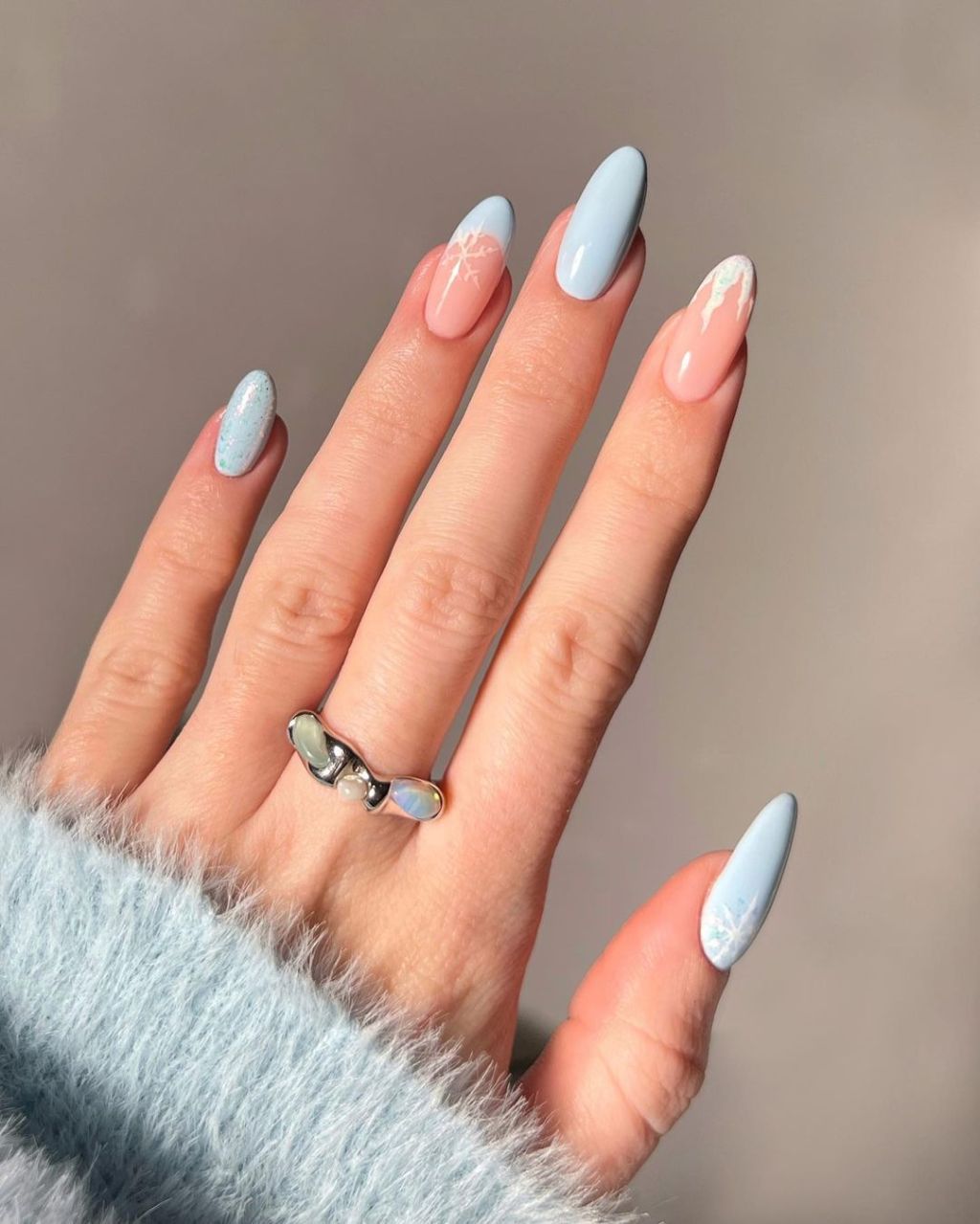 Pale Blue Pink Snowflake Glitter Almond Nails Pale Blue Pink Snowflake Glitter Almond Nails — Natural Winter Nails