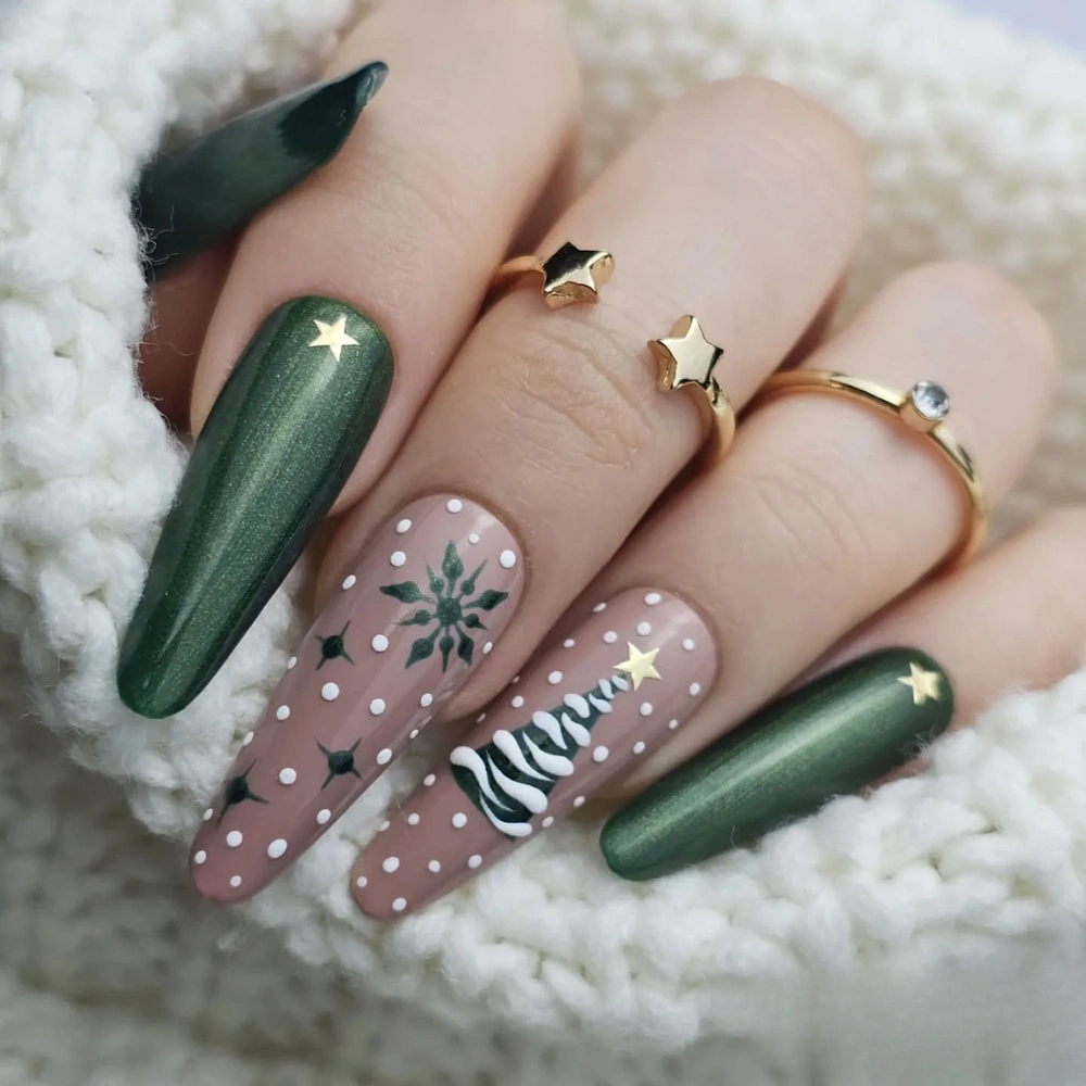 Metallic Green Matte Nude Festive Stiletto Nails Metallic Green Matte Nude Festive Stiletto Nails — Natural Winter Nails