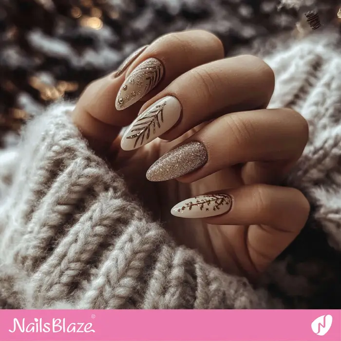 Intricate Silver Leaf Snowflake Almond Nails Intricate Silver Leaf Snowflake Almond Nails — Natural Winter Nails