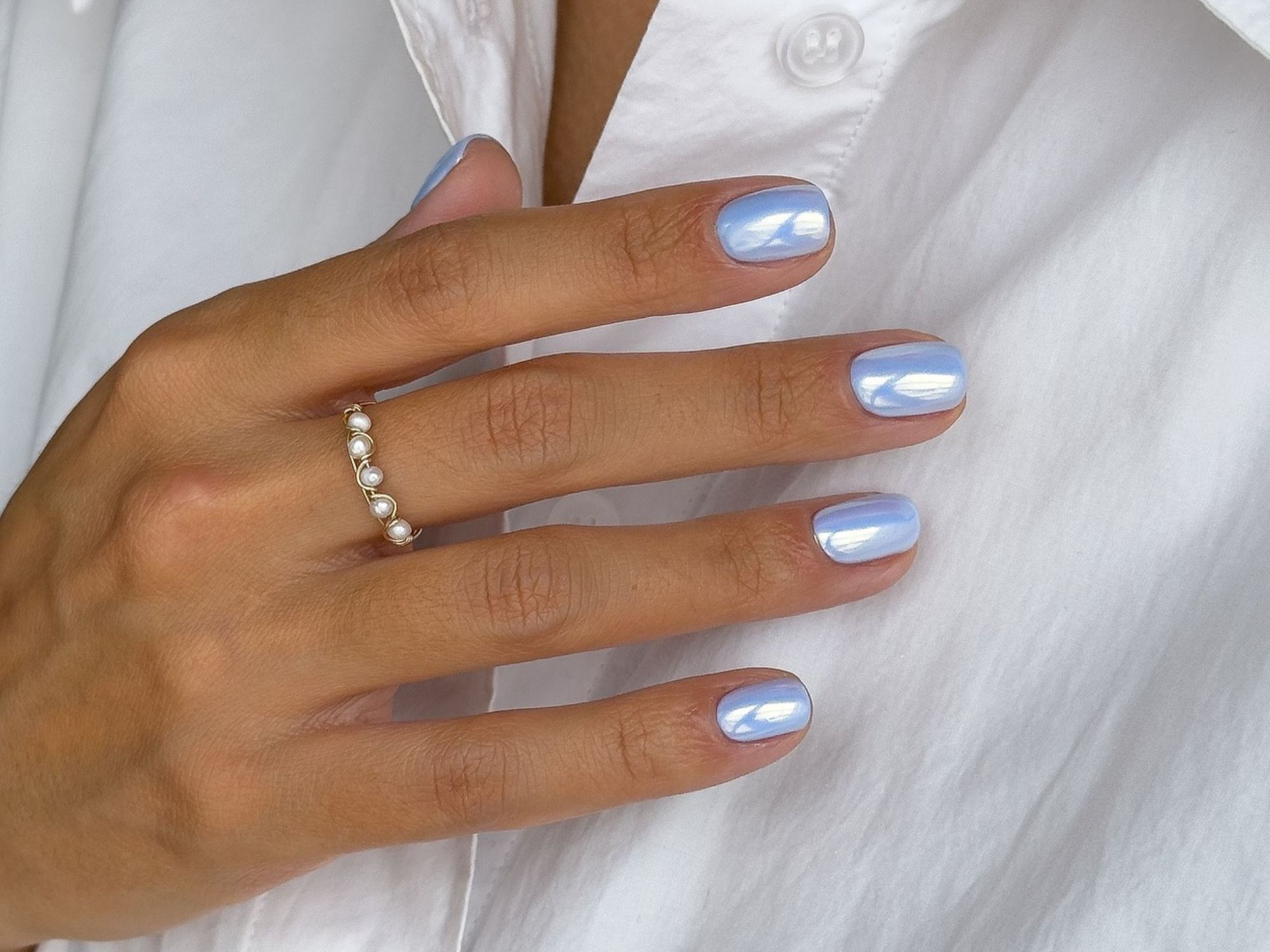 Iridescent Pastel Blue Chrome Nails Iridescent Pastel Blue Chrome Nails — Spring Nail Colors 2027