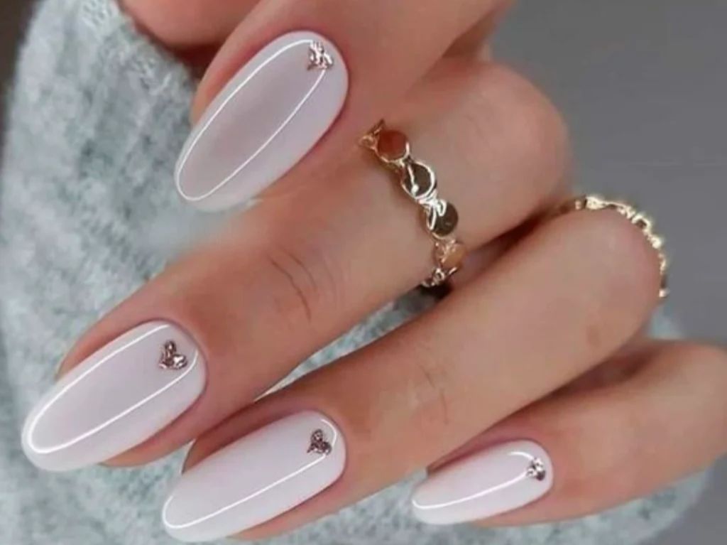 Milky White with Silver Cuticle Lines and Hearts Milky White with Silver Cuticle Lines and Hearts — Graduation Nails 2027