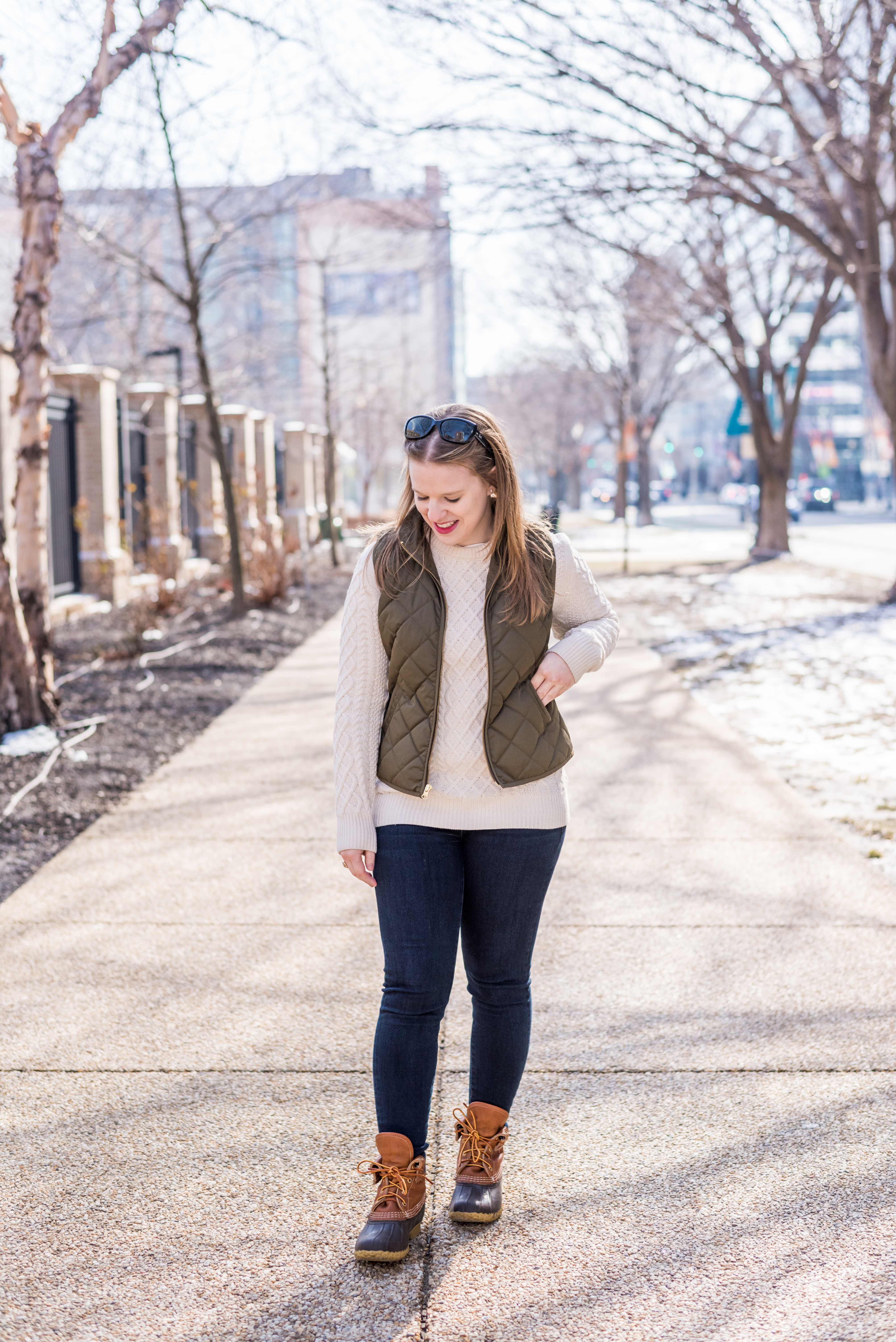 Cable-Knit Sweater and Quilted Vest with Tan Snow Boots Cable-Knit Sweater and Quilted Vest with Tan Snow Boots — Snow Boots Outfits