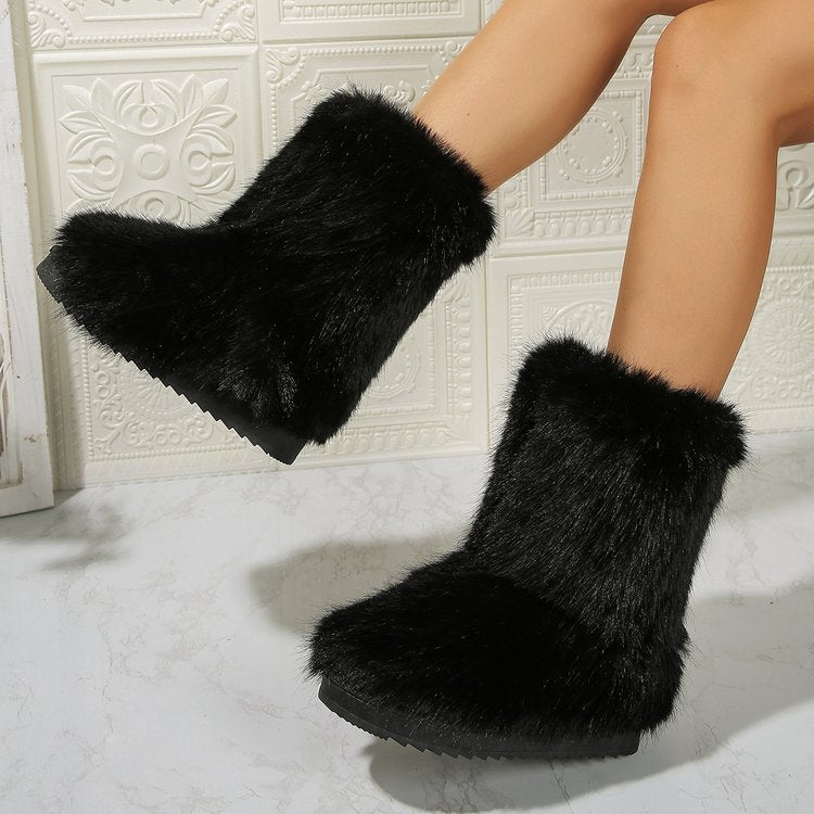 Casual Black Furry Mid-Calf Boots for Everyday Wear Snow Boots Outfits