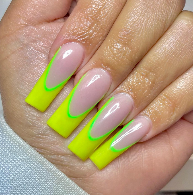 Long Square Neon Yellow Lime Green French Tips Long Square Neon Yellow Lime Green French Tips — Yellow Nail Designs