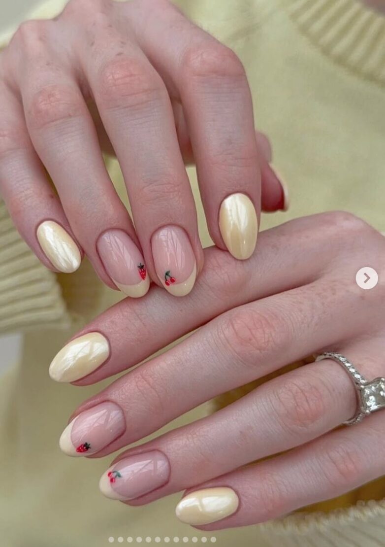 Medium Almond Pearlescent Yellow Fruit French Nails Medium Almond Pearlescent Yellow Fruit French Nails — Yellow Nail Designs