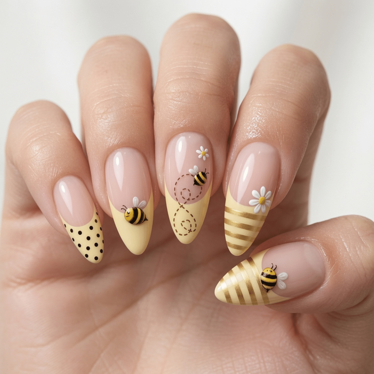 Medium Almond Nude Mixed Yellow Art Nails Medium Almond Nude Mixed Yellow Art Nails — Yellow Nail Designs
