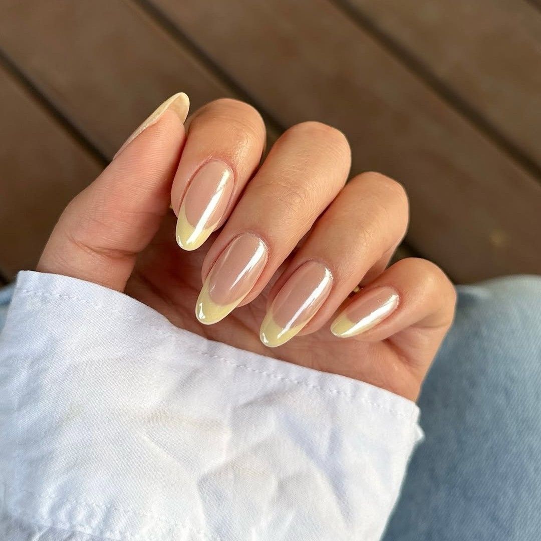 Long Almond Sheer Nude Yellow French Tips Long Almond Sheer Nude Yellow French Tips — Yellow Nail Designs
