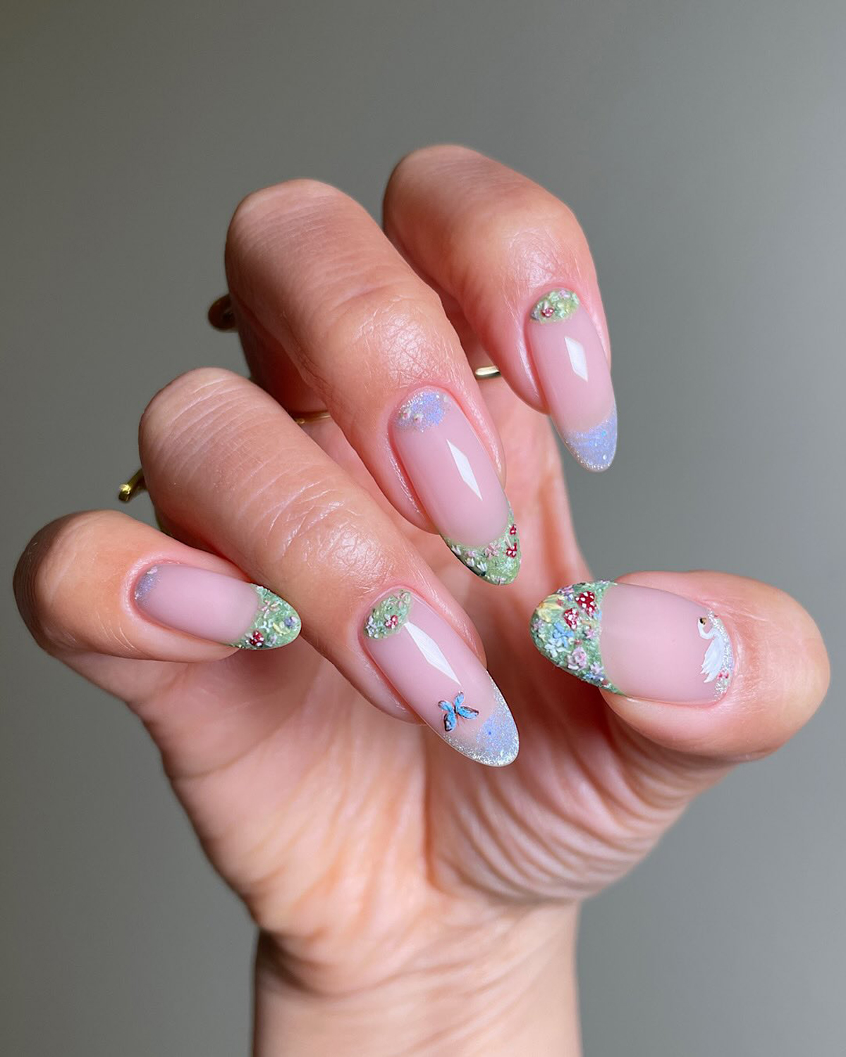 Sheer Pink French with Blue Butterfly Accent Sheer Pink French with Blue Butterfly Accent — Short Butterfly Coffin Nails 2027