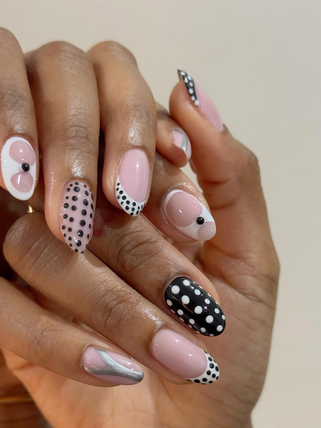 Pale Pink Polka Dot French Foil Almond Nails Pale Pink Polka Dot French Foil Almond Nails — Almond Nail Designs