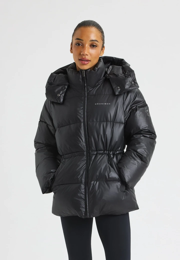 Casual Shiny Black Cropped Hooded Puffer Jacket with Cinched Waist — Winter Jackets for Women
