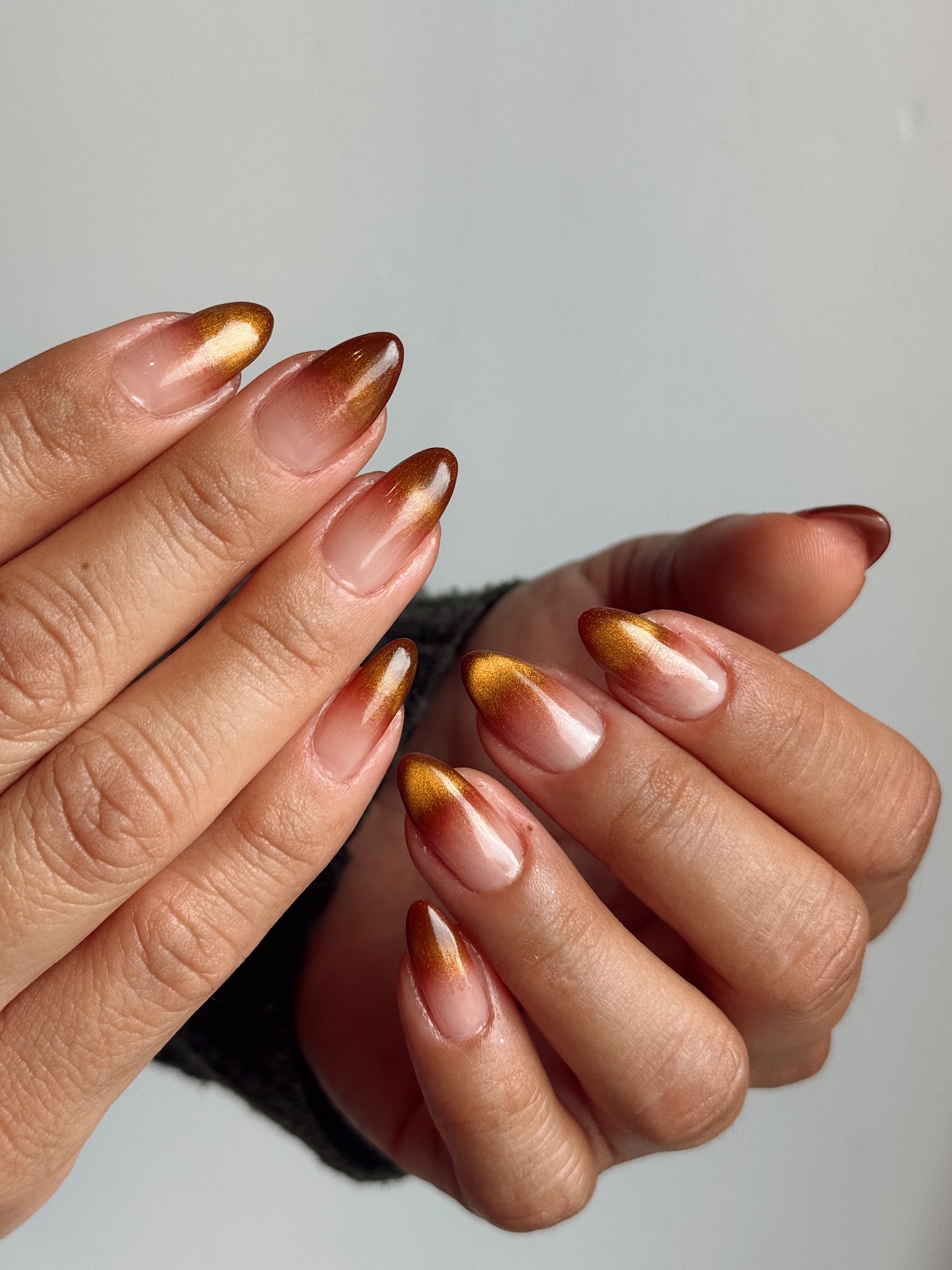 Nude Brown Gold Shimmer Ombre Almond Nails Nude Brown Gold Shimmer Ombre Almond Nails — Ombre Nail Designs