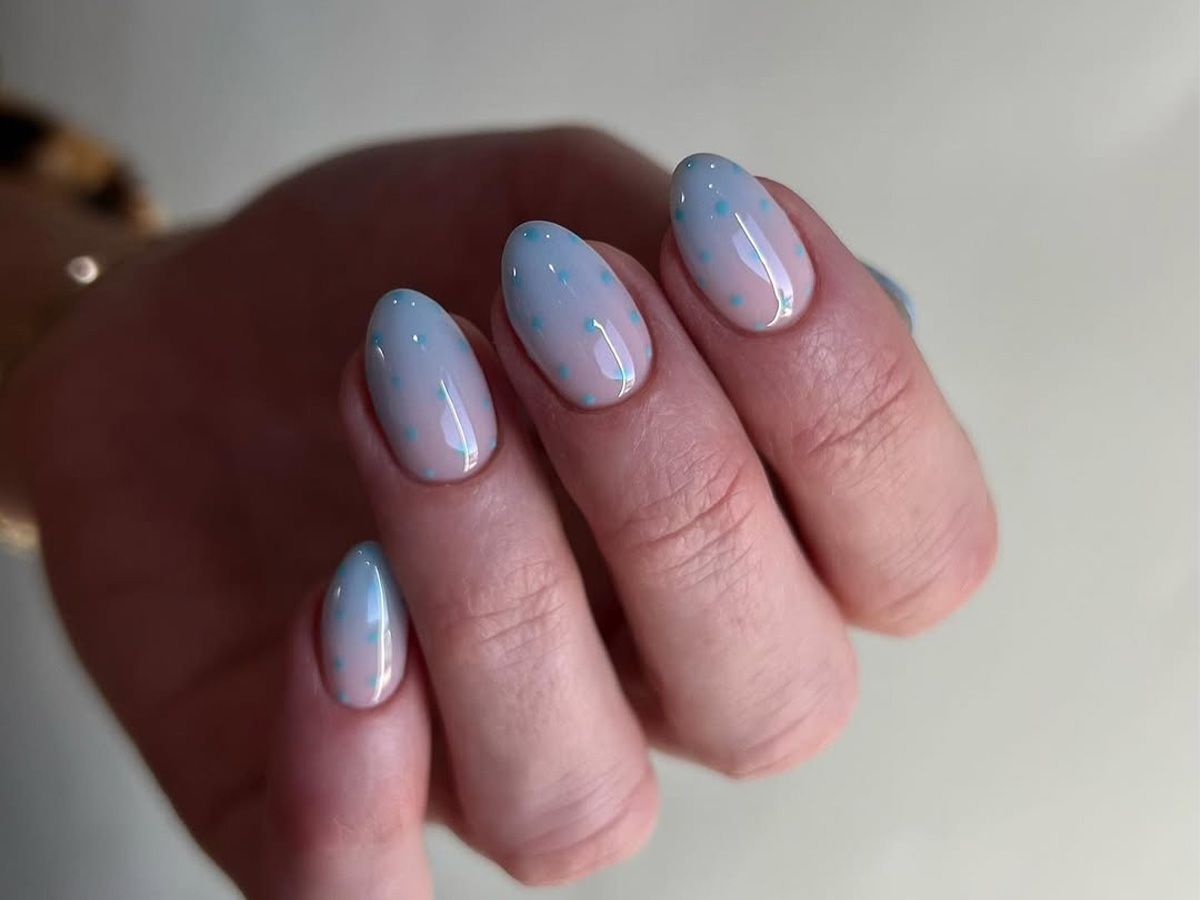 Pale Blue Pink Ombre with Light Blue Dots Pale Blue Pink Ombre with Light Blue Dots — Ombre Nail Designs