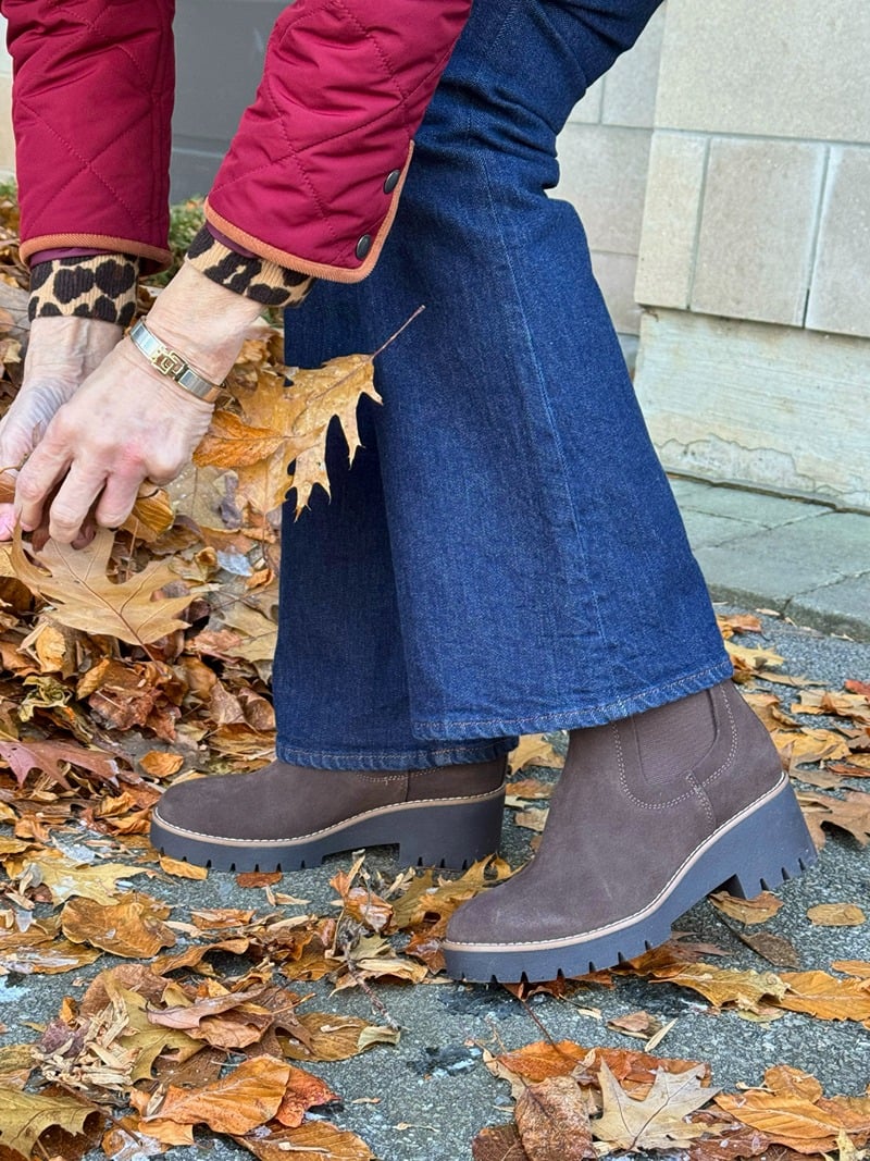 Lug Sole Suede Chelsea Boots with Wide-Leg Jeans and Quilted Jacket — Winter Boots Outfits