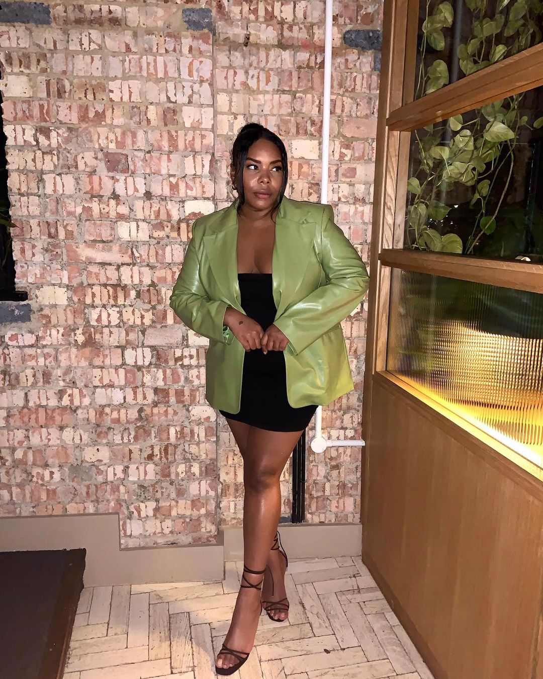 Green Faux Leather Blazer Over a Black Mini Dress Green Faux Leather Blazer Over a Black Mini Dress — Winter Birthday Outfits