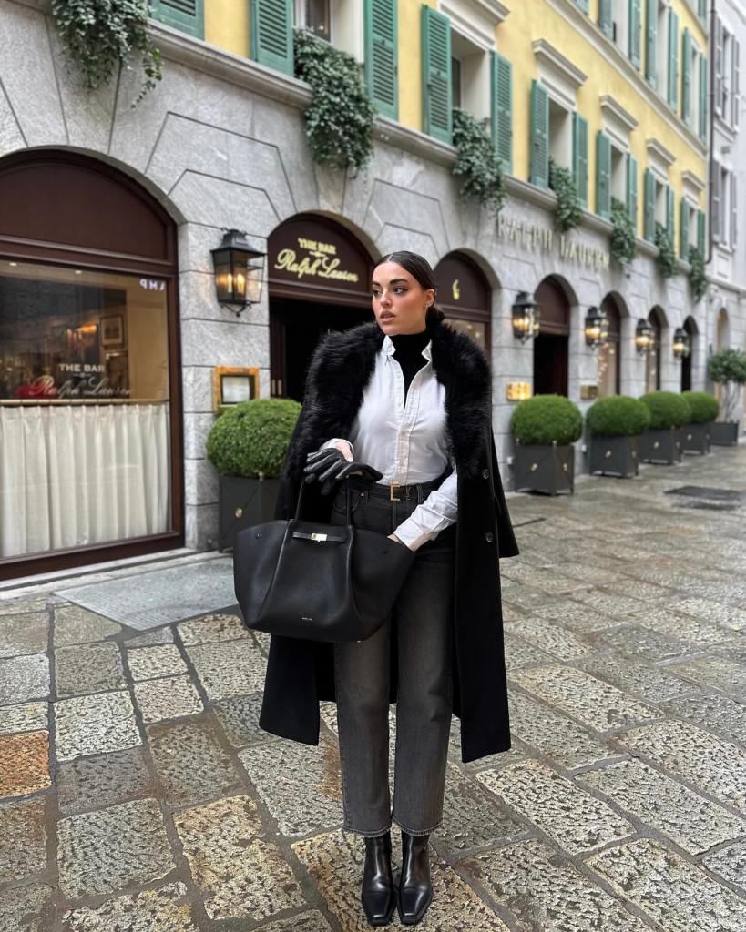 Layered Black Coat with Faux Fur Collar and Trousers Layered Black Coat with Faux Fur Collar and Trousers — Winter Birthday Outfits