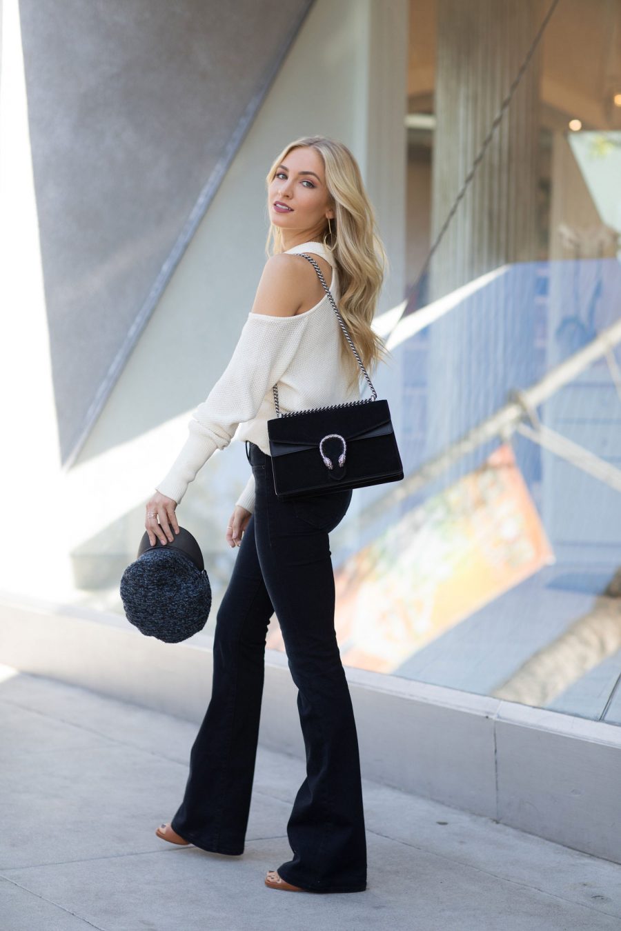 Dark Wash Flare Jeans with Cream Off-the-Shoulder Sweater — Flare Leggings Outfits