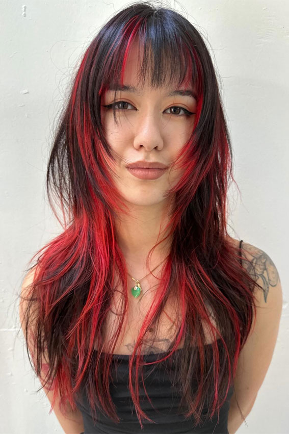 Wolf Cut With Vibrant Red Streaks — Long Wolf Cut 2027