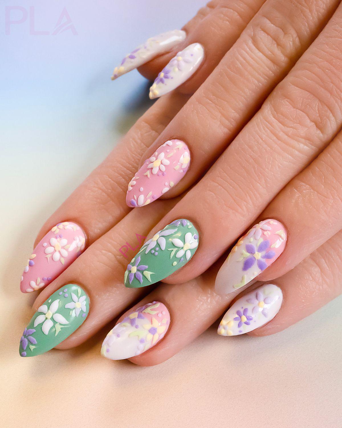 3D Textured Floral Stiletto Nails 3D Textured Floral Stiletto Nails — Spring Acrylic Nails 2027