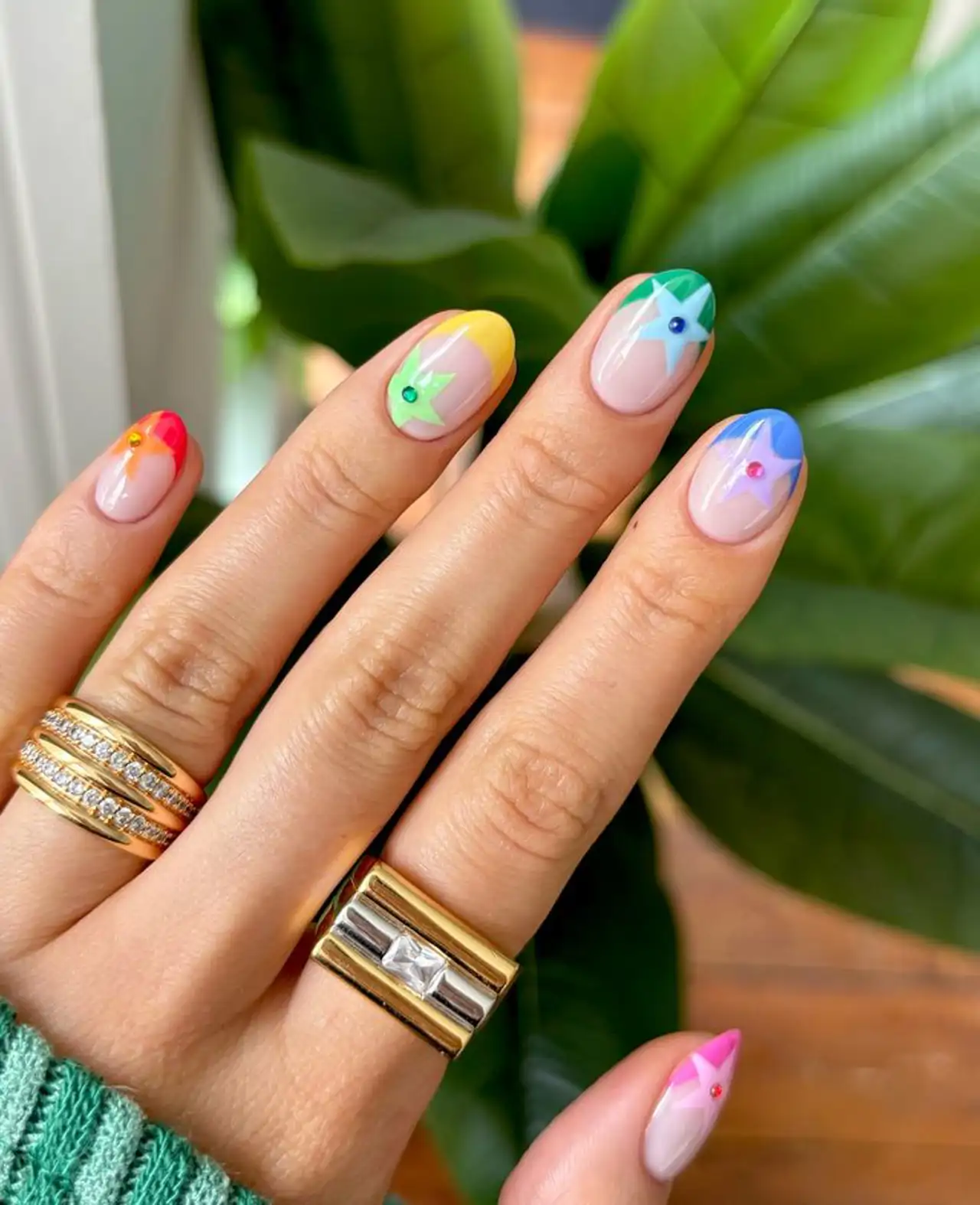 Rainbow French Gem Medium Oval Nails — Nails 2027 for Teens