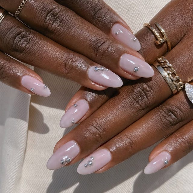 Medium Almond Translucent Pink Rhinestone Nails Medium Almond Translucent Pink Rhinestone Nails — Trendy Simple Nail Designs