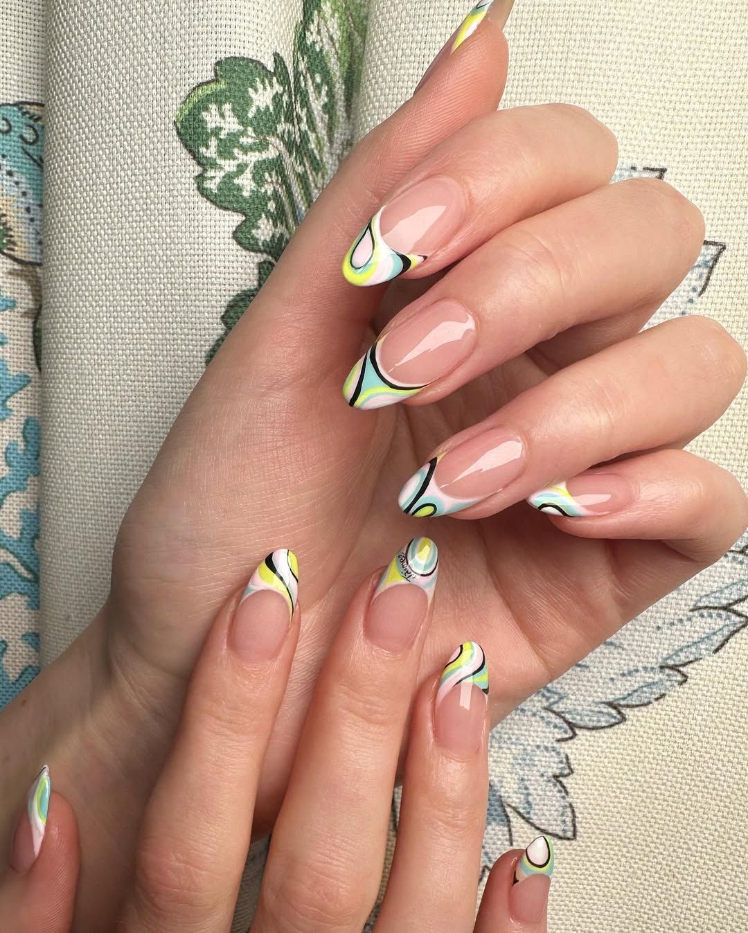 Long Almond Abstract Wavy French Tips Long Almond Abstract Wavy French Tips — Trendy Simple Nail Designs
