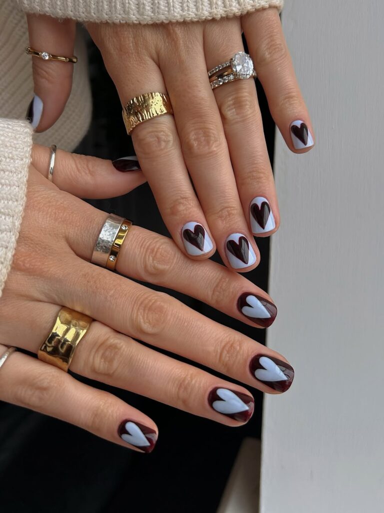 Short Oval Dark Brown Light Blue Hearts Short Oval Dark Brown Light Blue Hearts — Trendy Simple Nail Designs