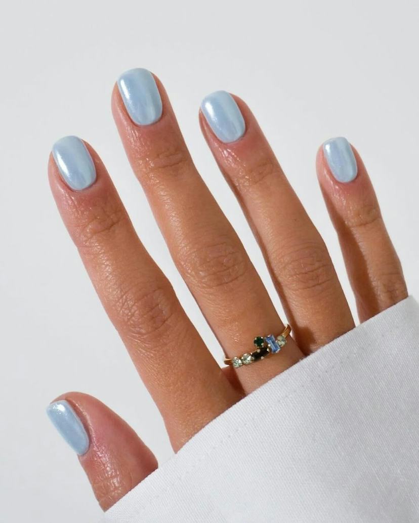 Pastel Blue Pearlescent Rounded Squares Pastel Blue Pearlescent Rounded Squares — Winter Dip Powder Nails