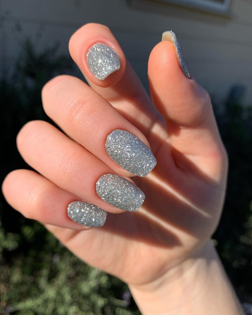 Silver Glitter Short Coffin Nails Silver Glitter Short Coffin Nails — Winter Dip Powder Nails