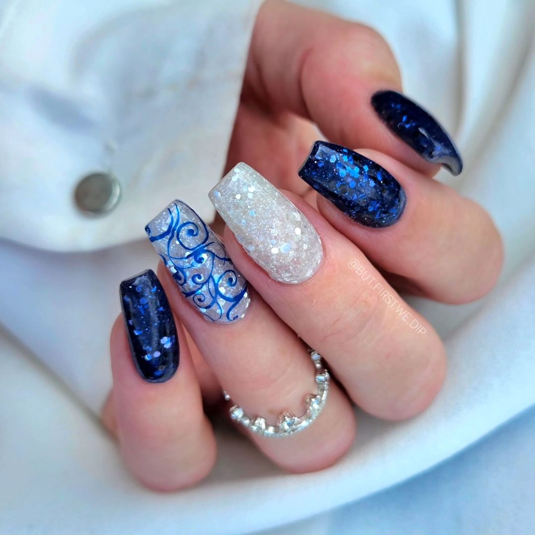 Dark Blue Swirls and Glitter Coffins Dark Blue Swirls and Glitter Coffins — Winter Dip Powder Nails