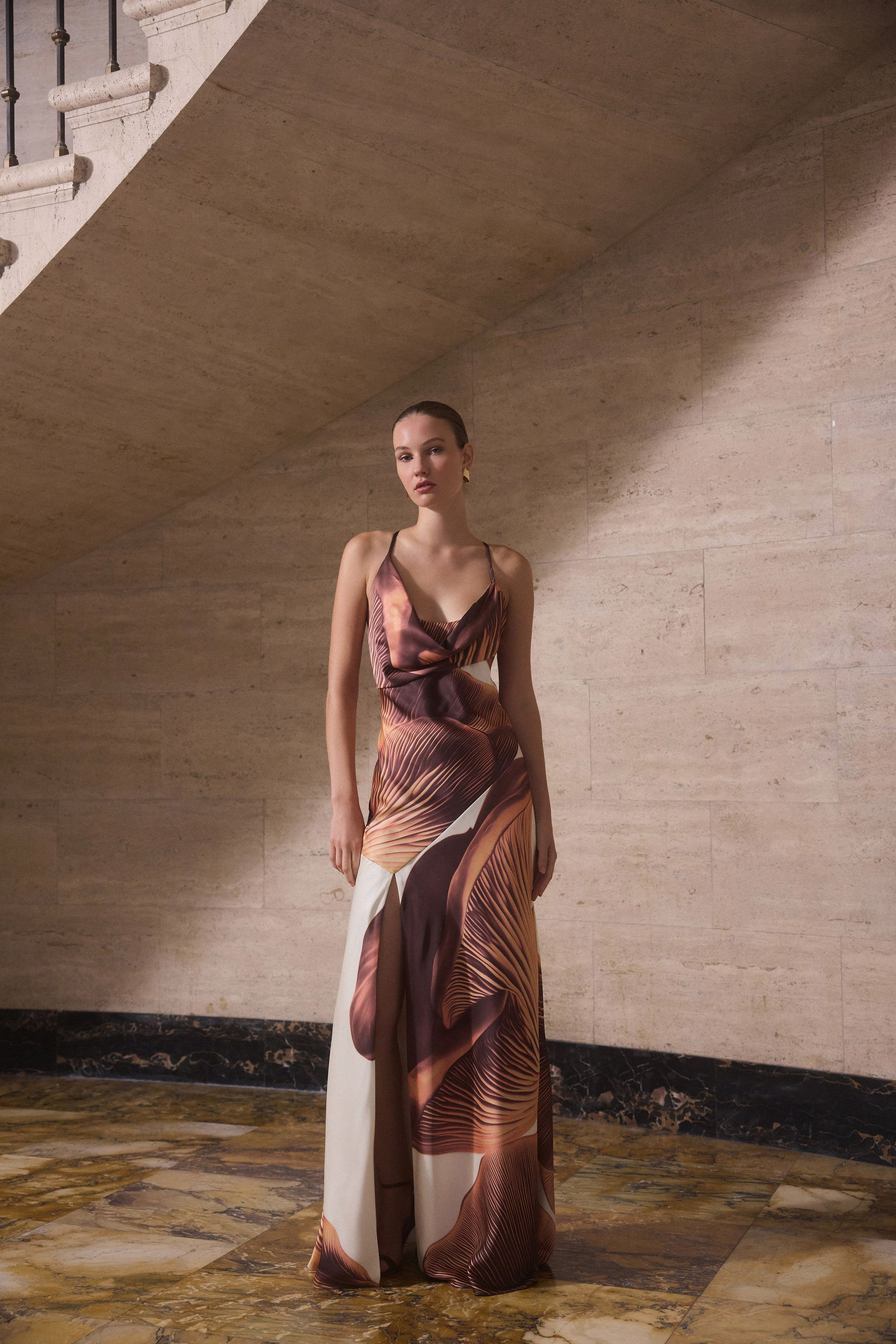 Draped Silk Dress with Cowl Neckline and Thigh-High Slit Draped Silk Dress with Cowl Neckline and Thigh-High Slit — Brown Outfits 2027