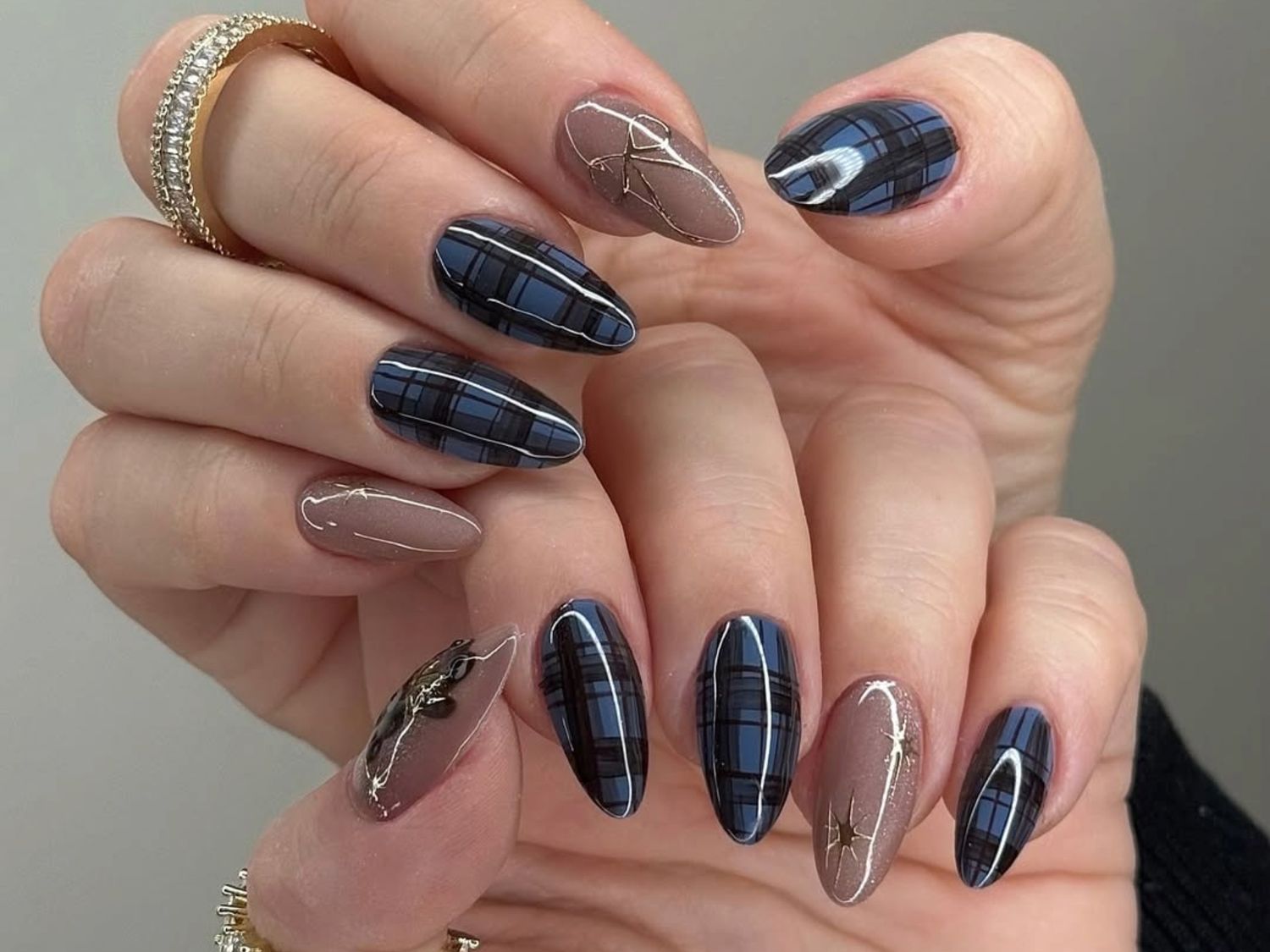 Navy and Grey Plaid with Gold Stars Navy and Grey Plaid with Gold Stars — Winter Nails