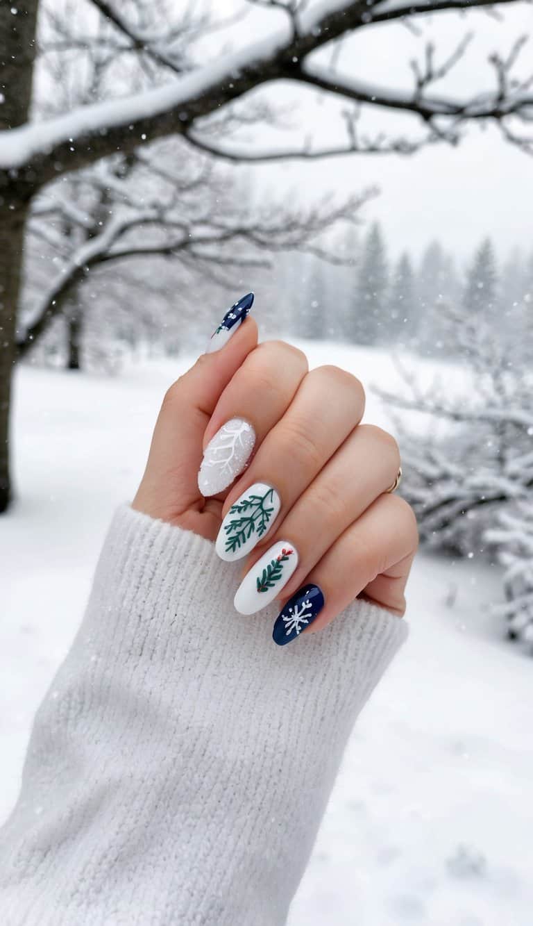 Winter Motifs on White and Navy Winter Motifs on White and Navy — Winter Nails