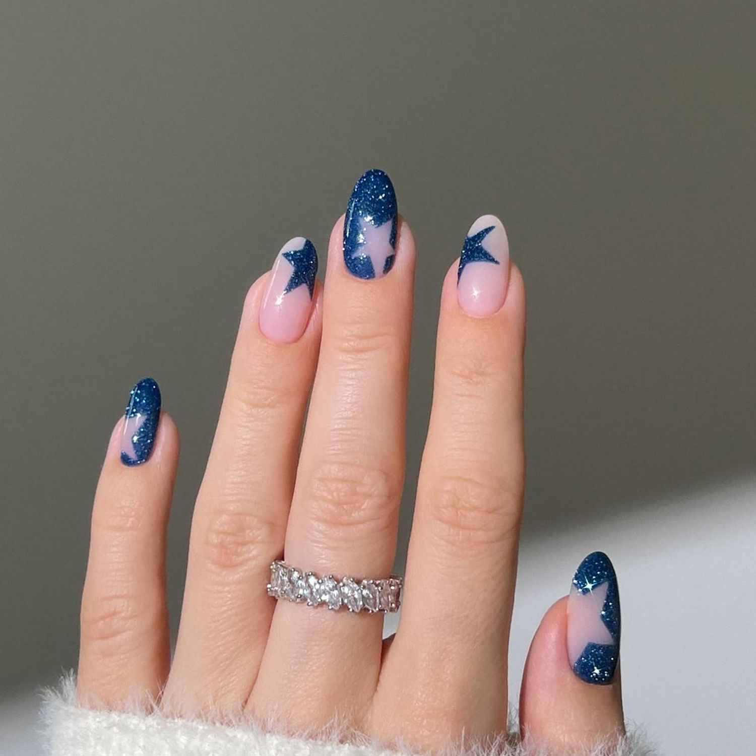 Sheer Pink with Blue Glitter Stars Sheer Pink with Blue Glitter Stars — Winter Nails