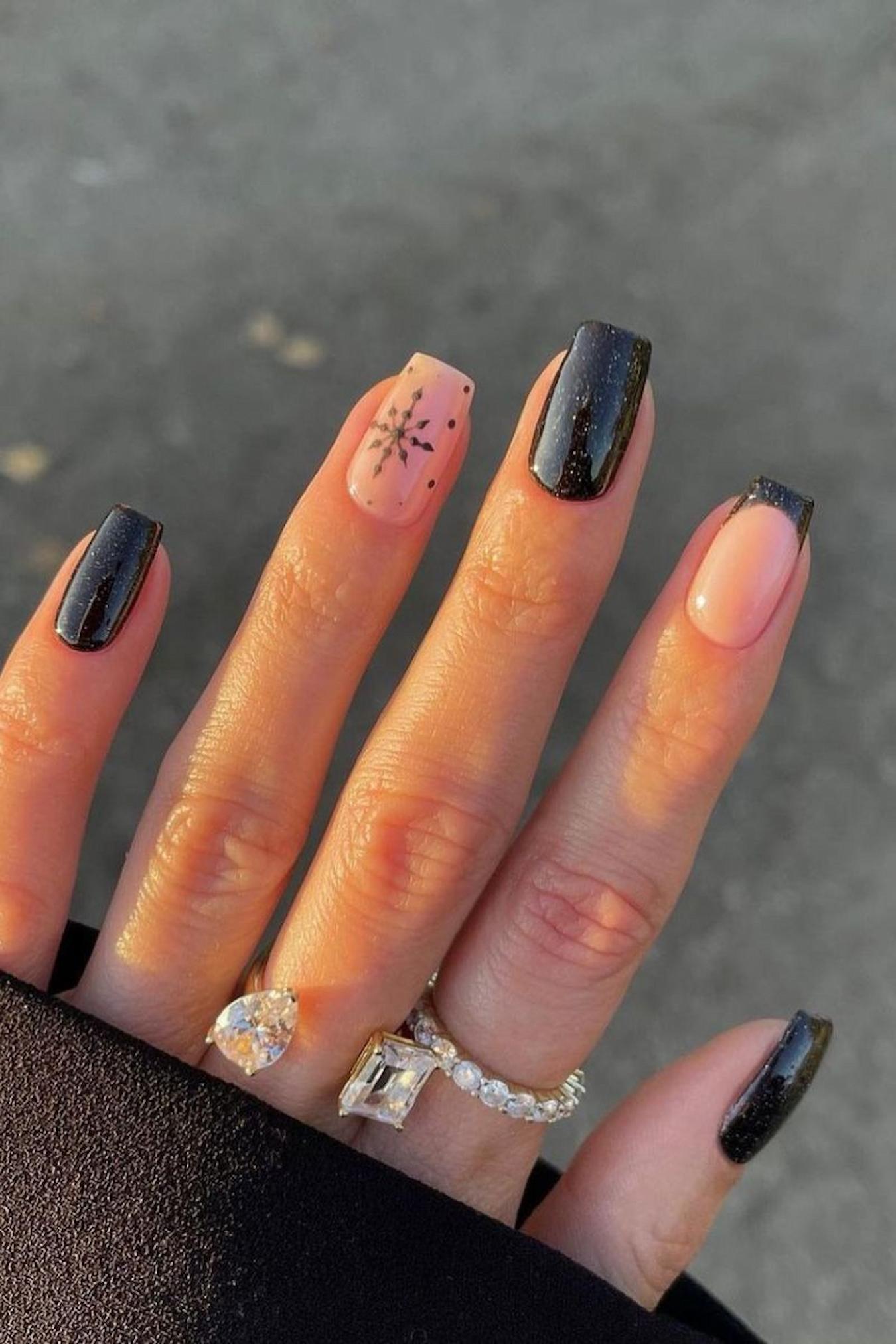 Black French Tip with Snowflake Accent Black French Tip with Snowflake Accent — Winter Nails