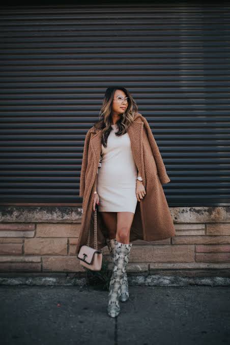 Fashion Forward: Long Camel Teddy Coat Over Mini Dress — Teddy Coat Outfits
