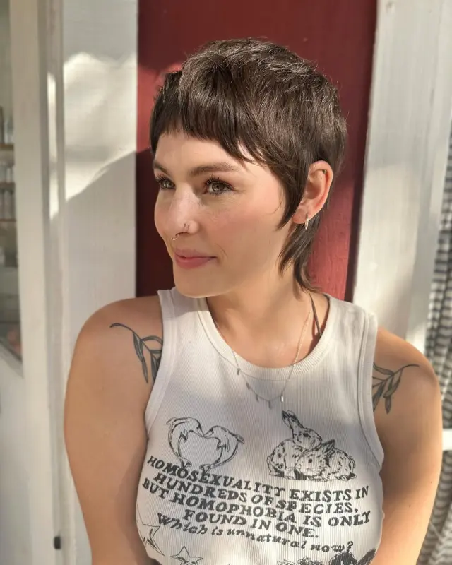 Dark Brown Pixie With Micro Bangs Dark Brown Pixie With Micro Bangs — Mom Pixie 2027