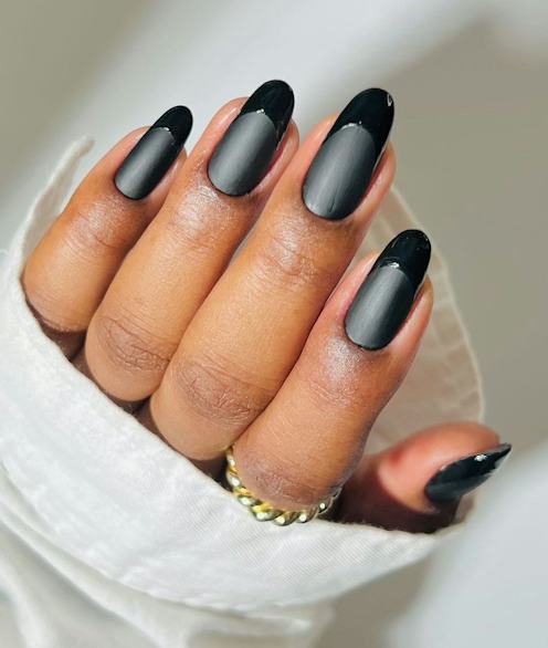 Matte Grey with Glossy Black French Matte Grey with Glossy Black French — French Nail Designs