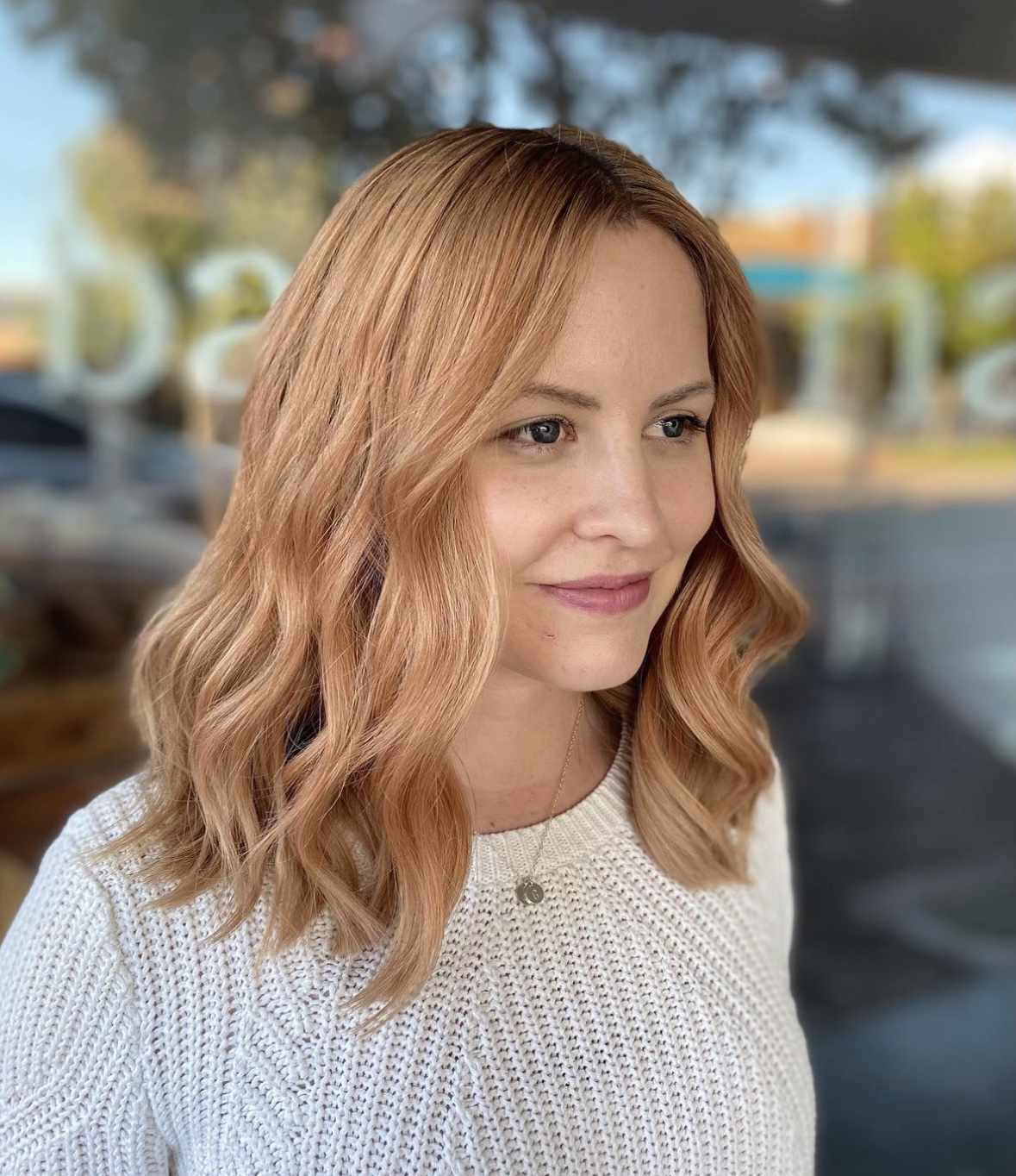 Strawberry Blonde Hair with Cream Knit Sweater and Pendant Necklace — Blonde Hair Colour