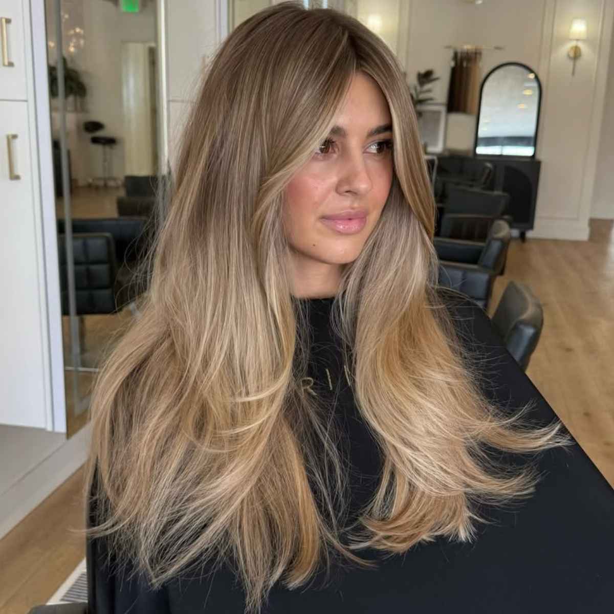 Salon Long Layered Ash Blonde Hair with Black Robe — Blonde Hair Colour