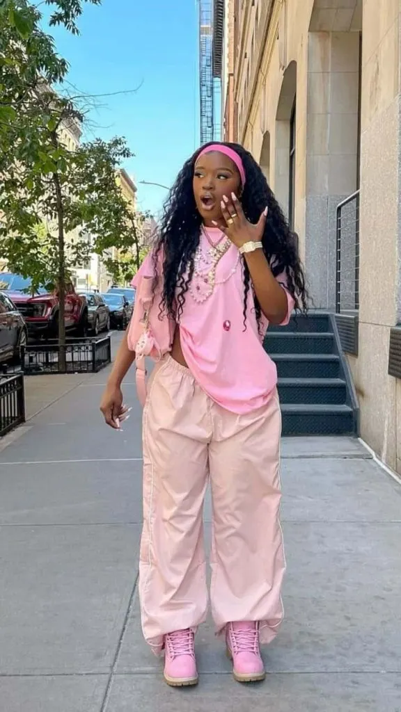 Monochromatic Streetwear: Pink Cargo Pants and Baggy Tee — Timberland Boots Outfits