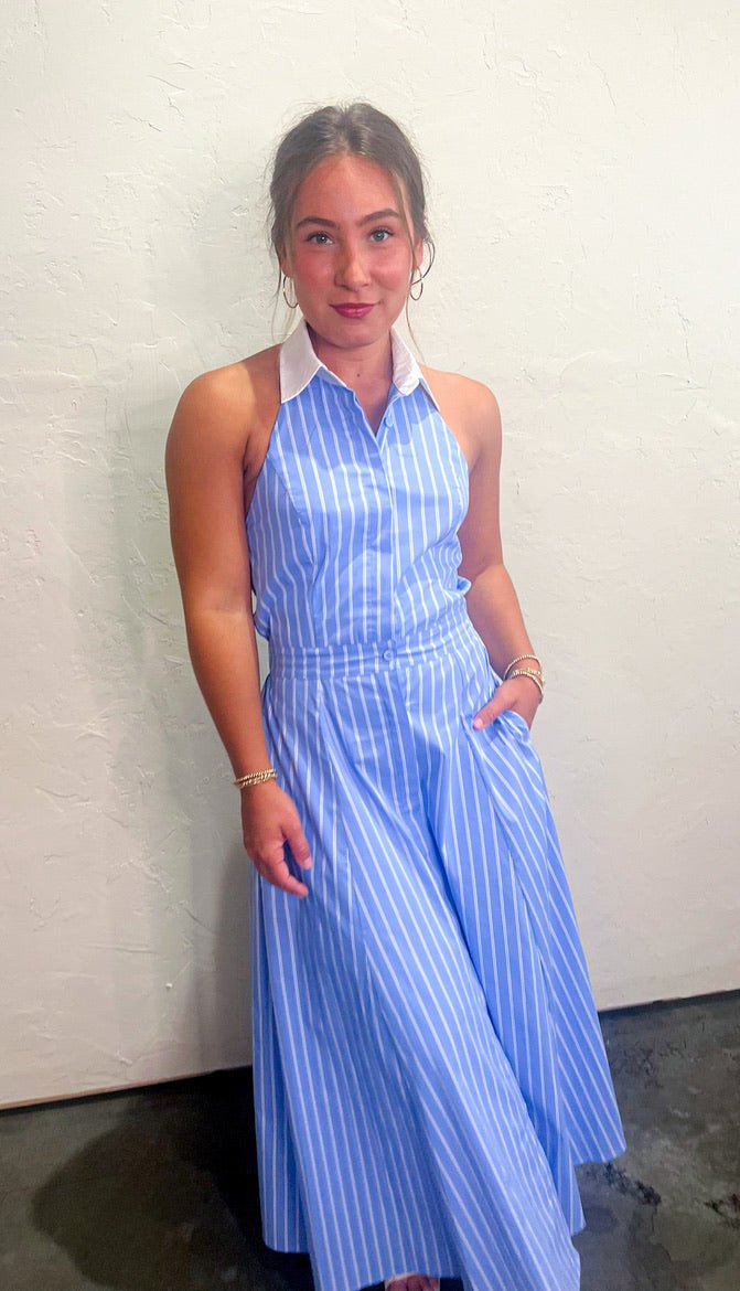 Light Blue Pinstripe Halter Neck Dress Light Blue Pinstripe Halter Neck Dress — Pinstripe Outfits 2027