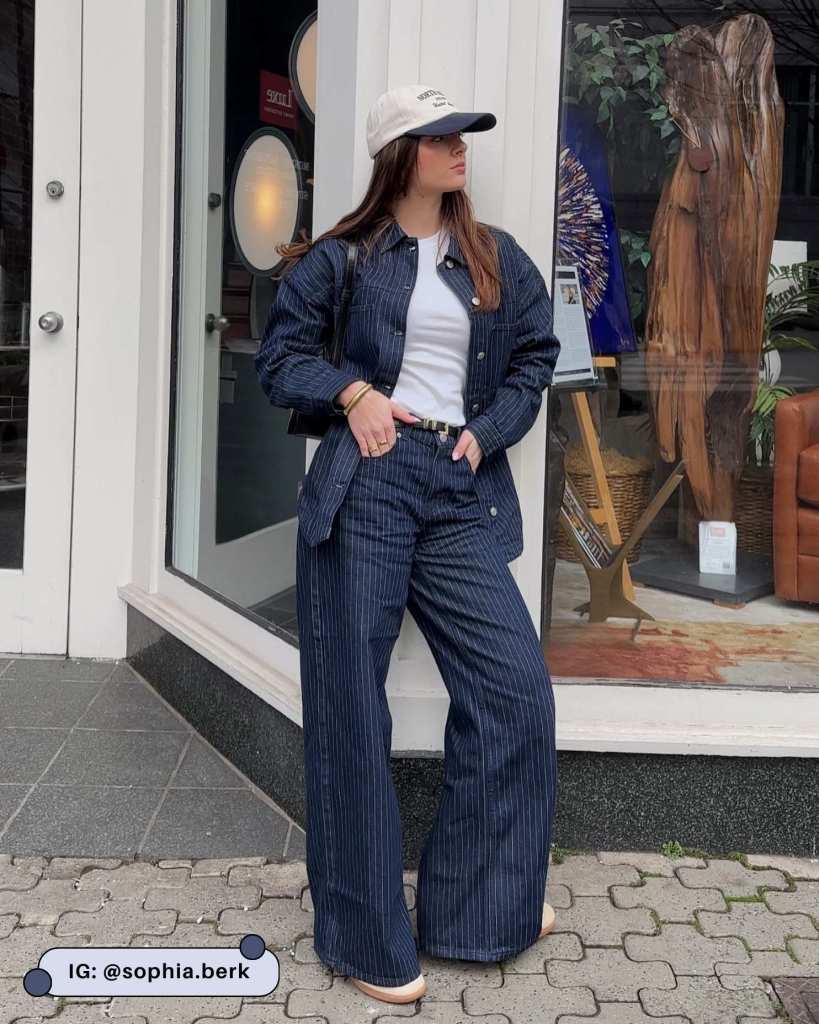 Dark Blue Pinstripe Denim Jacket And Pants Set Dark Blue Pinstripe Denim Jacket And Pants Set — Pinstripe Outfits 2027