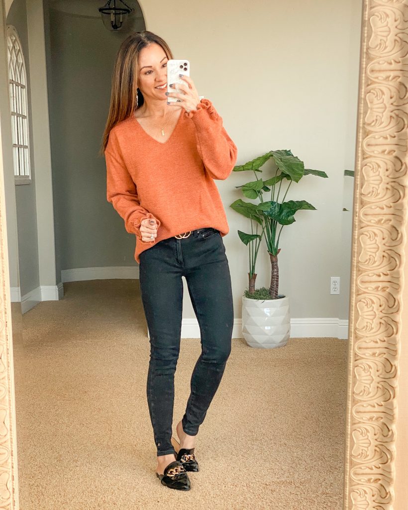 Vibrant Orange Sweater with Leopard Print Mules — Winter Outfits for Women Over 40